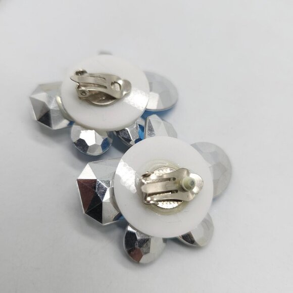 Vintage 1980s Blue Clear Rhinestone Clip-On Earrings Bling - Picture 3 of 4